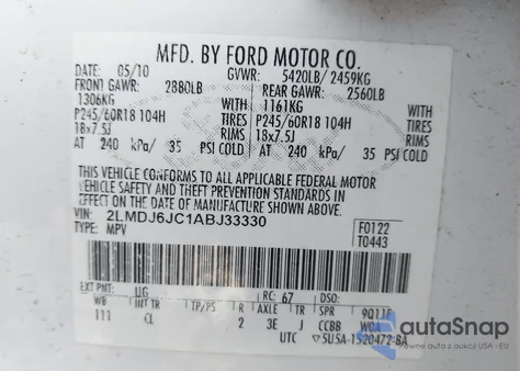 2010 Lincoln Mkx z USA, uszkodzony, nr VIN 2LMDJ6JC1ABJ33330